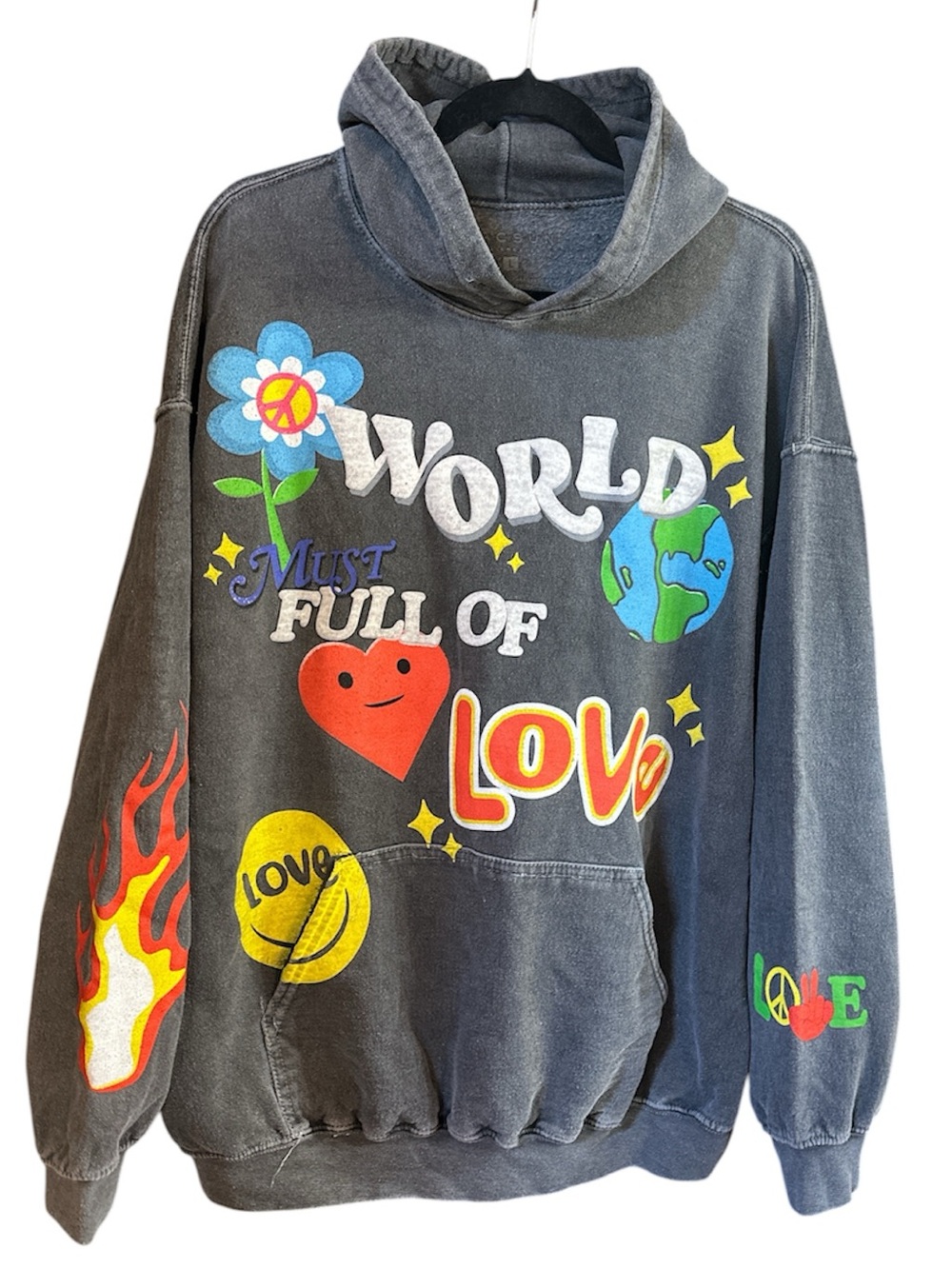 PACSUN ‘World Full of Love'’ Washed Gray Graphic Pullover Hoodie Unisex